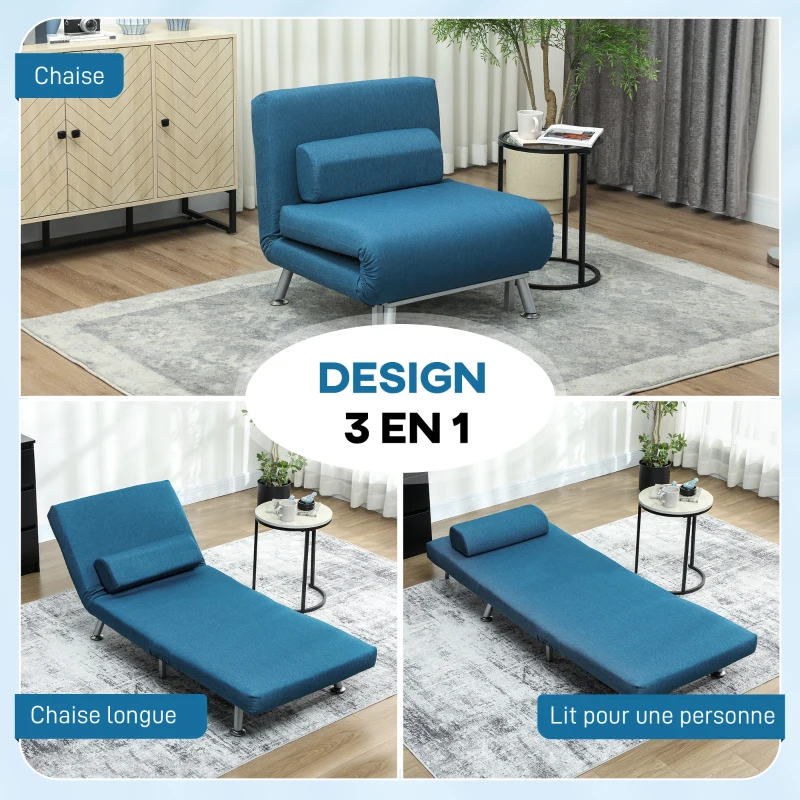 HOMCOM Fauteuil convertible 3 en 1 chauffeuse lit 1 place avec coussin bleu