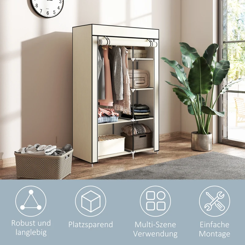 HOMCOM Schrank aus Stoff, Aufbewahrungslösung, 6 Regale, 1 Kleiderstange, Beige