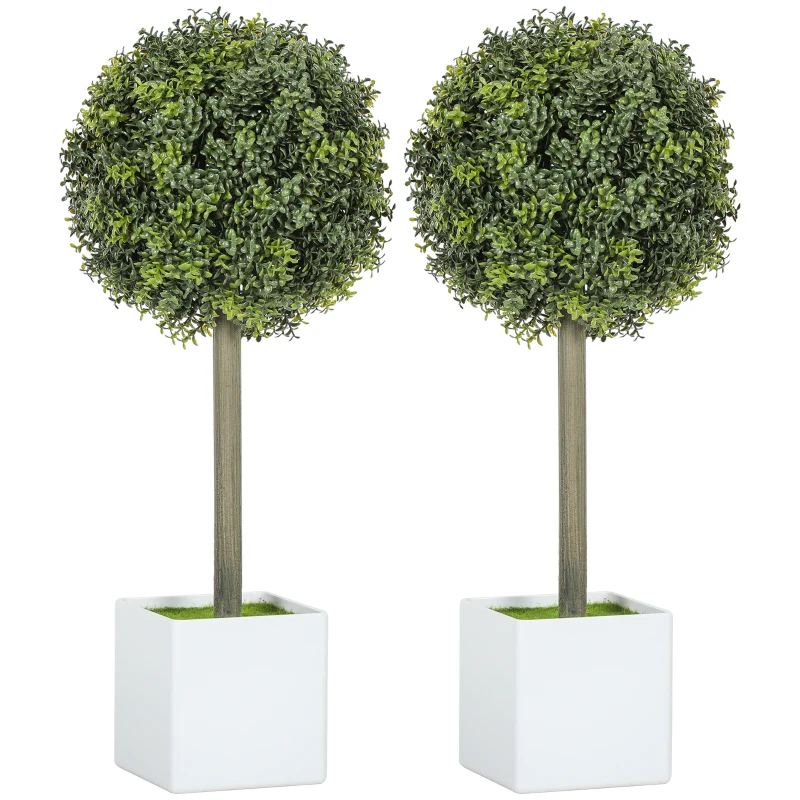 HOMCOM Ensemble de 2 boules de buis artificielles en forme de buis de 45 cm, plante artificielle en pot en plastique