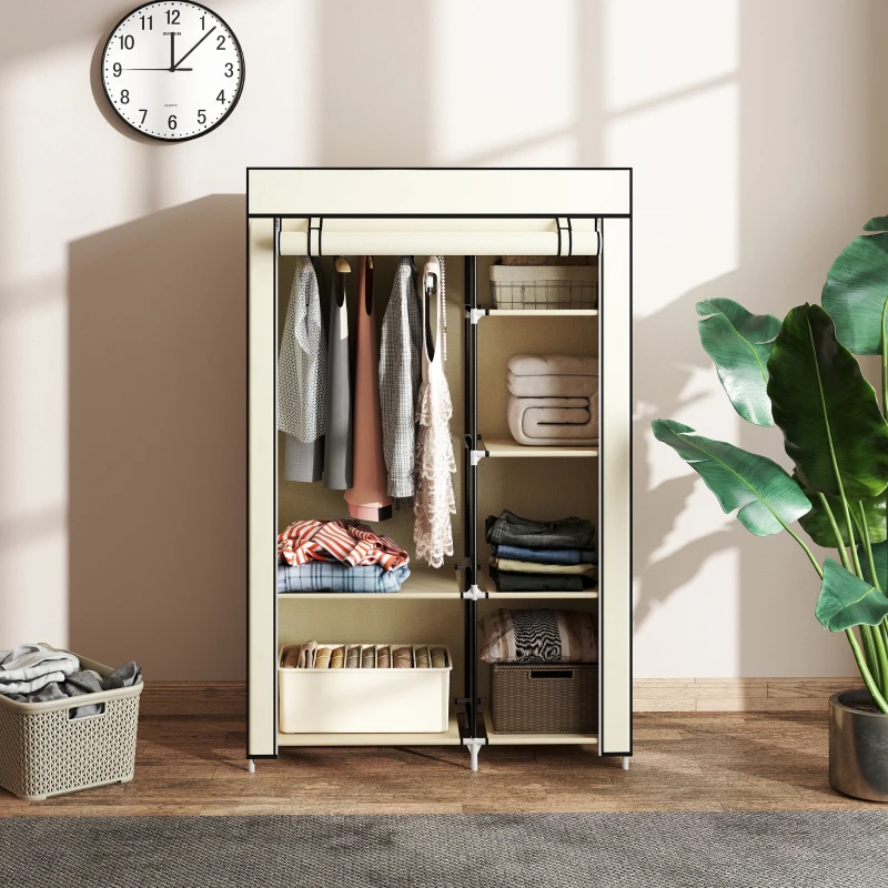 HOMCOM Schrank aus Stoff, Aufbewahrungslösung, 6 Regale, 1 Kleiderstange, Beige
