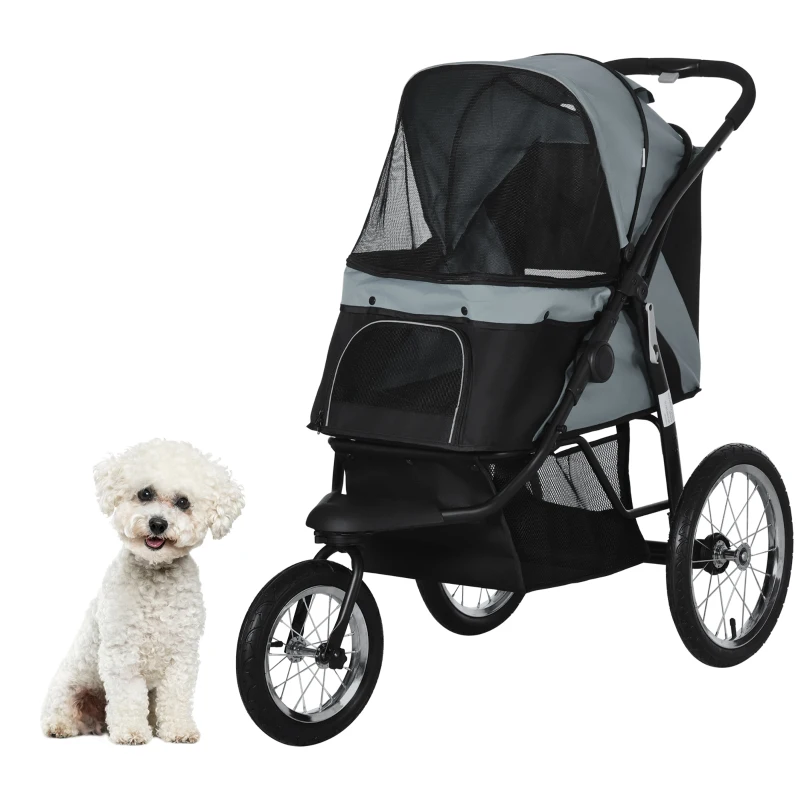 PawHut Carrito para Perros Medianos Pequeños con Cesta de Almacenaje Capota Ajustable y Ventana de Malla 111x58x107 cm Gris