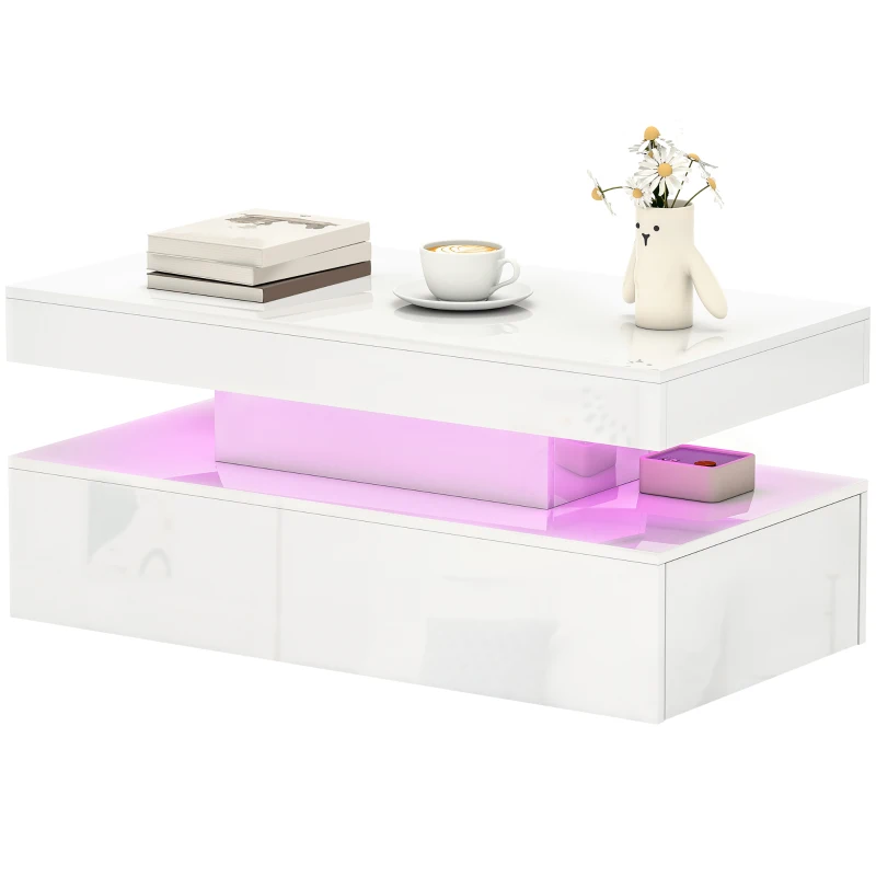 HOMCOM LED Coffee Table with Storage - High Gloss White