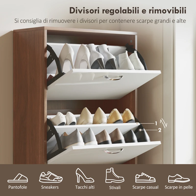 HOMCOM Scarpiera Slim a 5 Livelli con 2 Ripiani per Livello, in MDF, 60x28x189 cm, Bianco e Marrone