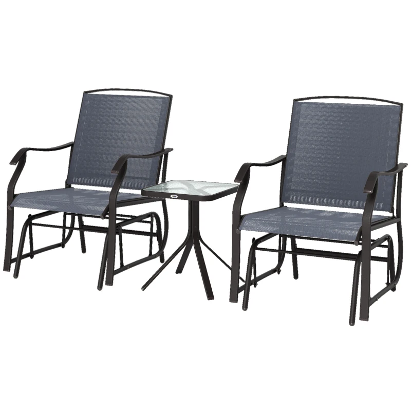 Outsunny Glider Rocking Chair & Table Set 2 Single Seaters Rocker Garden Swing Chair Patio Furniture Bistro Set Grey