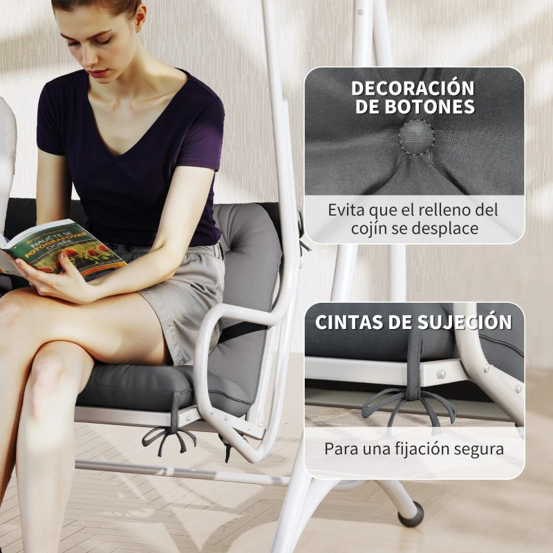 Outsunny Cojín para Banco con Respaldo 150x98x8 cm Colchón de Banco de 3 Plazas con 6 Cordones de Fijación para Jardín Terraza Balcón Exterior Gris