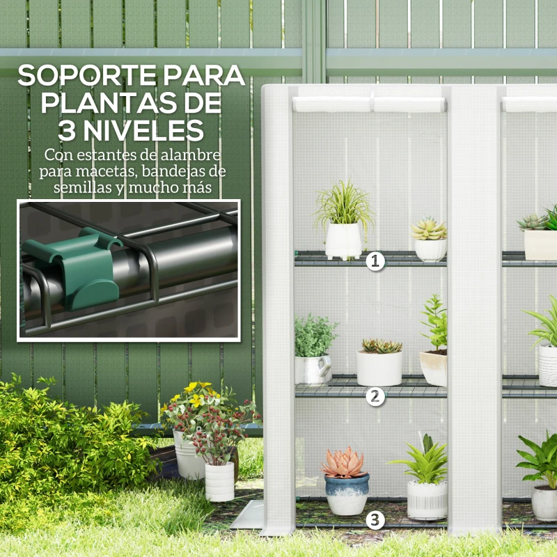 Outsunny Invernadero de Exterior con Techo Inclinado 3 Estantes 2 Puertas Enrollables y Marco de Acero 144x48x152 cm Blanco