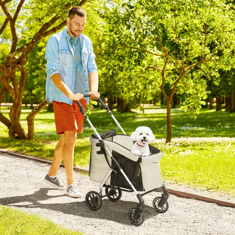PawHut Cochecito para Mascotas Ligero y Plegable para Perros Pequeños con Ventilación Óptima 80x48,5x106 cm Caqui y Plata
