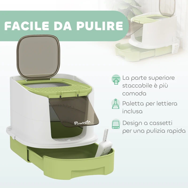 PawHut Lettiera per Gatti Chiusa con 2 Porte, Vassoio Estraibile, Paletta e Deodorante, in PP, 40.5x52.5x42.5 cm, Verde