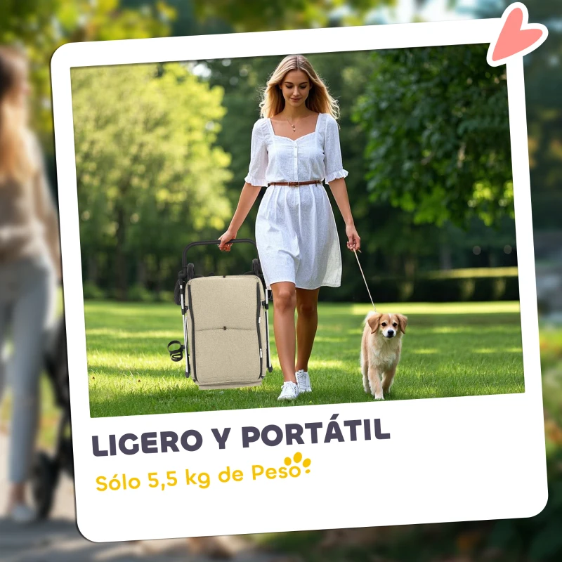 PawHut Cochecito para Mascotas Ligero y Plegable para Perros Pequeños con Ventilación Óptima 80x48,5x106 cm Caqui y Plata