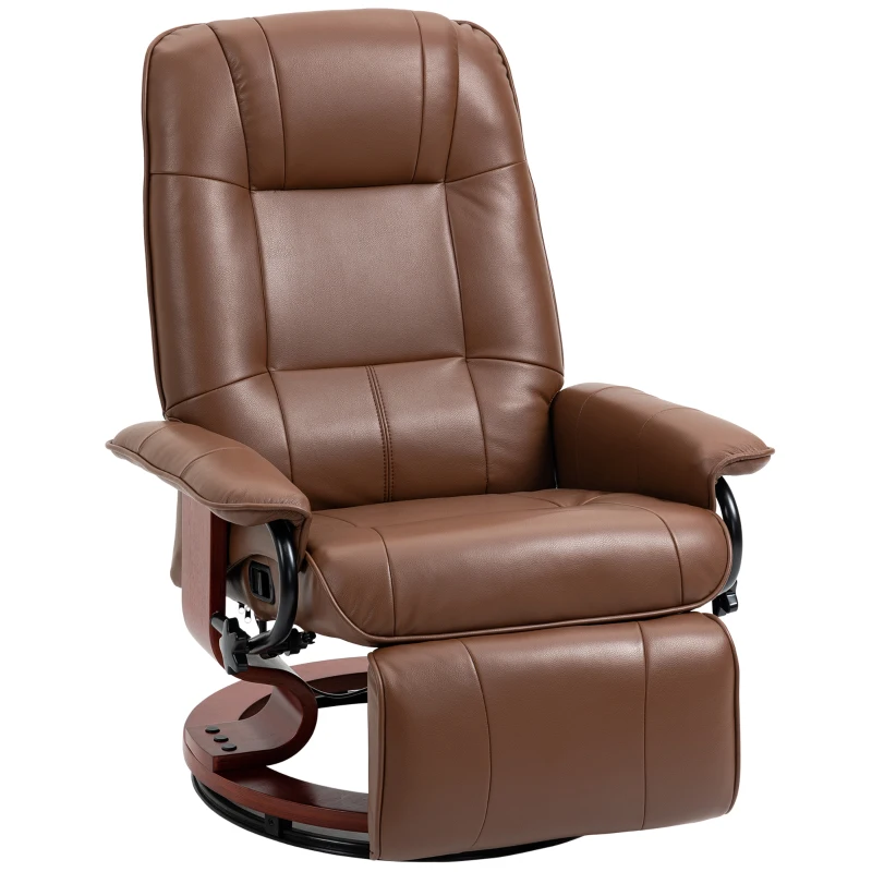 HOMCOM Poltrona relax reclinabile poggiapiedi regolabile girevole 360° base in legno rivestimento sintetico marrone