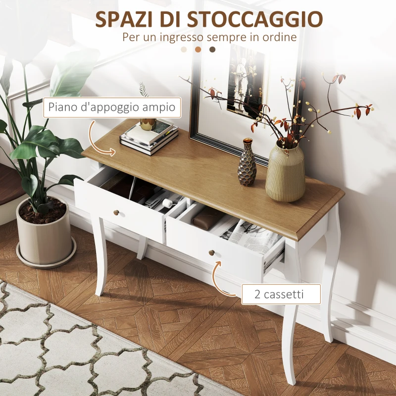 HOMCOM Tavolo Consolle Moderno con 2 Cassetti in Legno, 100x35x76.5 cm, Bianco e Marrone Scuro