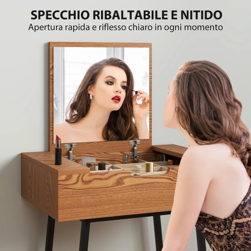 HOMCOM Tavolo Trucco con Specchio Ribaltabile e 16 Scomparti Stile Industriale, Legno e Acciaio, 60x40x90 cm