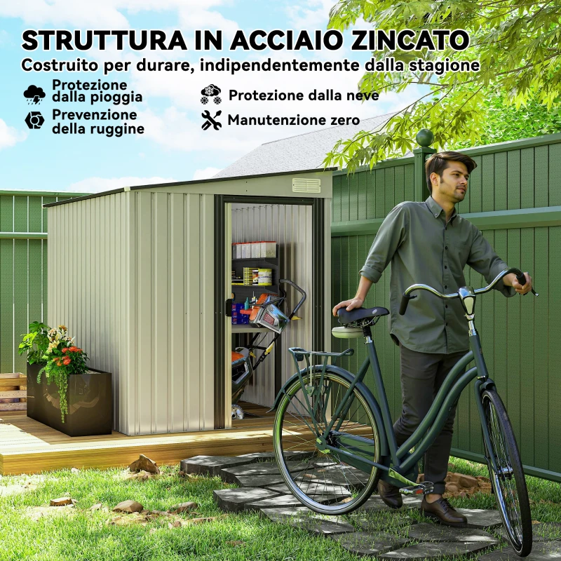 Outsunny Capanno Attrezzi in Metallo 1.5x2m con Base, Porta Scorrevole e Tetto Inclinato, Bianco