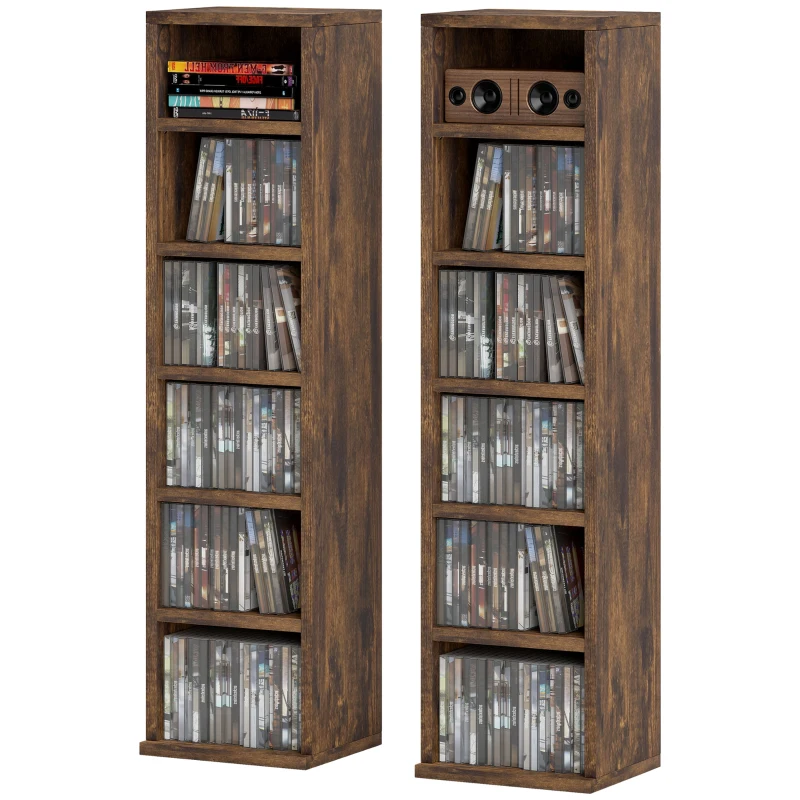 HOMCOM Raft pentru CD-uri, 2 Bucăți cu Câte 6 Rafturi cu Înălțime Reglabilă, 21x22,5x88,5 cm, Maro Rustic(m-10)