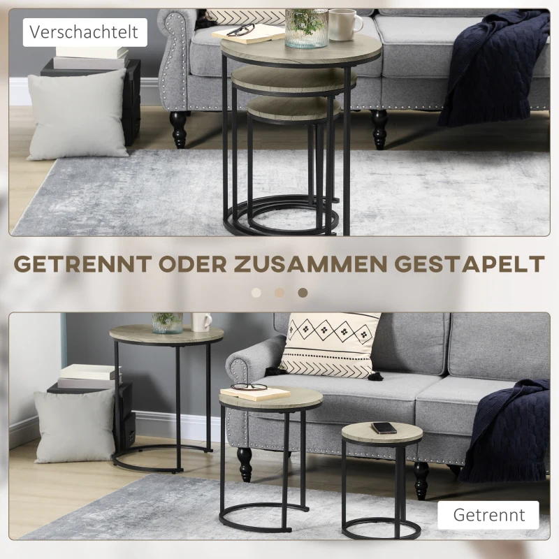 HOMCOM Beistelltische 3er Set Satztisch stapelbar Couchtisch Sofatisch Kaffeetisch 3 Größen Industrial Design Metall Schwarz+Braun