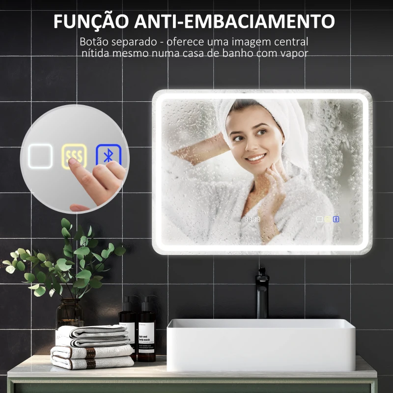 HOMCOM Espelho de Casa de Banho com Luz LED 80x60 cm Bluetooth 3 Cores de Luz Relógio Digital Função Antiembaciamento Memória Prata