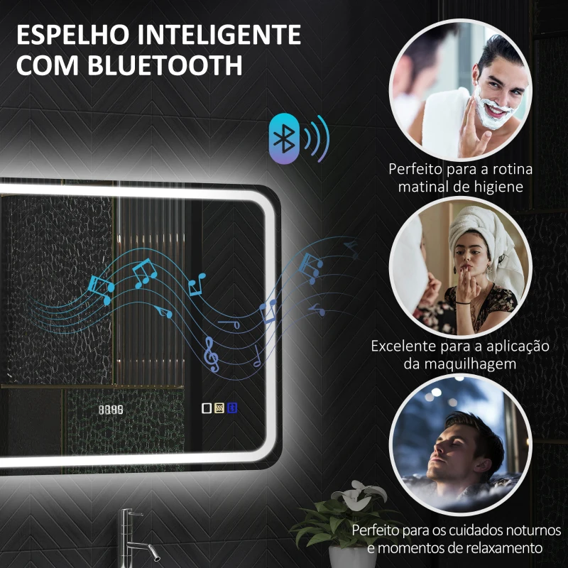 HOMCOM Espelho de Casa de Banho com Luz LED 80x60 cm Bluetooth 3 Cores de Luz Relógio Digital Função Antiembaciamento Memória Prata