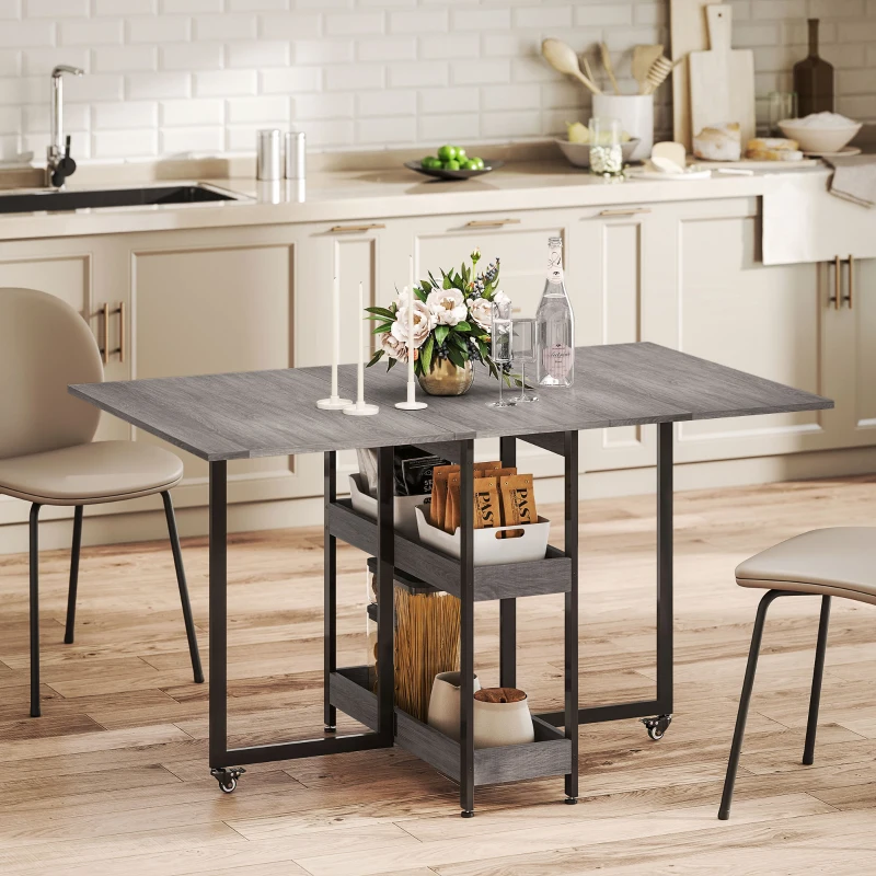 HOMCOM Opklapbare Eettafel in Industrieel Ontwerp, voor tot 4 Personen, Open Planken, Flexibel, Metaal, Spaanplaat, Grijs