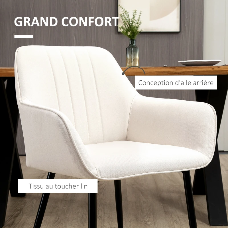 HOMCOM Chaises de Salle à Manger Chaises de Visiteur Design scandinave - Lot de 2 chaises - Pieds effilés métal Noir - Assise Dossier accoudoirs ergonomiques Lin Beige