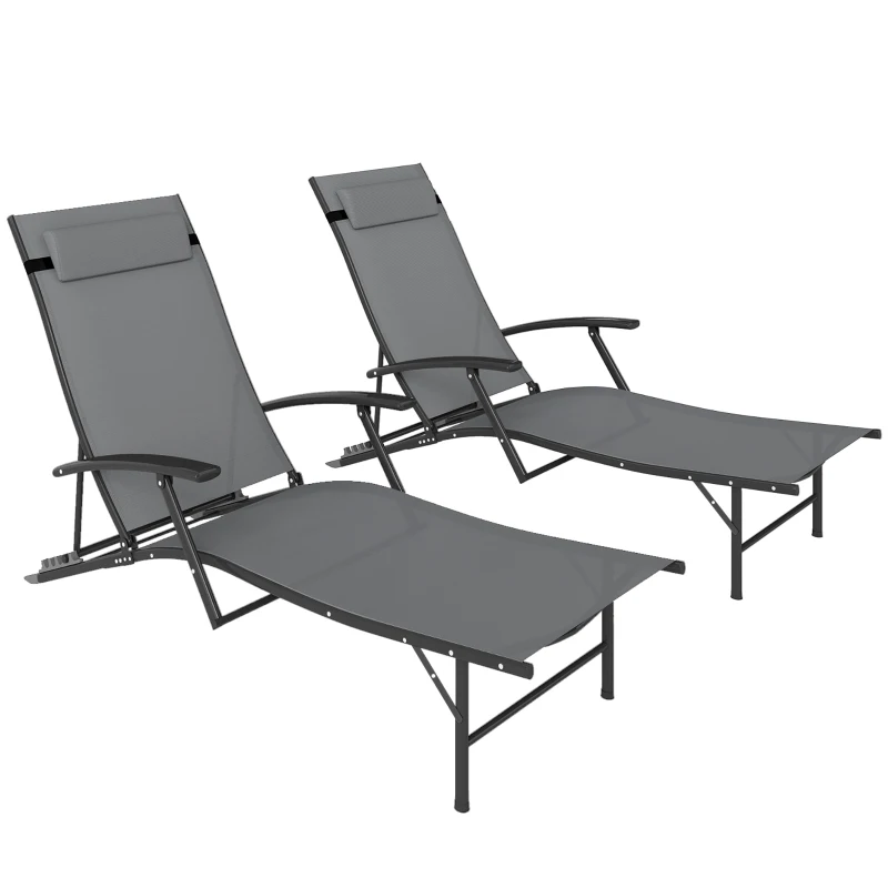 Outsunny Set 2 Sdraio da Giardino Pieghevoli con Schienale Regolabile su 4 Livelli e Cuscino, Grigio