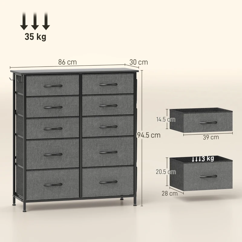 HOMCOM Chest of Ten Fabric Drawers - Charcoal Grey