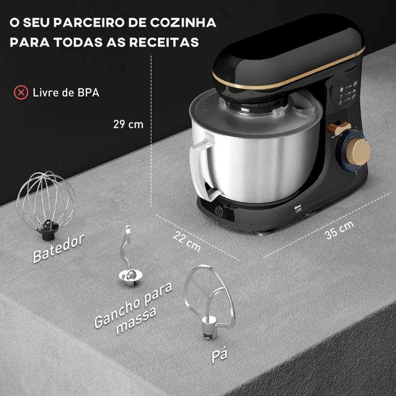 HOMCOM Batedeira 133W 4,5L com 6 Velocidades Tigela de Aço Inoxidável Ganchos e Proteção Tampa Anti-Respingos 35x22x29 cm Preto