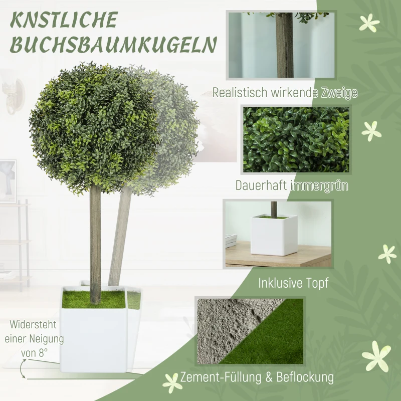HOMCOM Set van 2 Kunstmatige Buxus Bolvormige Planten 45 cm - Kunstplanten in Pot van Plastic