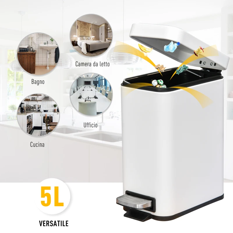 HOMCOM Pattumiera a Pedale da 5L, Secchio Interno Rimovibile e Corpo in Metallo, Pattumiera Cucina e Bagno, 29.2x14x32cm, Bianco