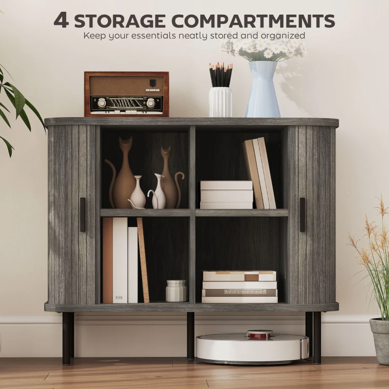 HOMCOM Mid-Century Modern Sideboard Storage Cabinet with Slatted Tambour Sliding Doors, Kitchen Cabinet with Steel Legs, Grey