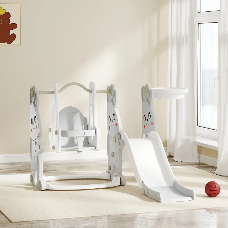 AIYAPLAY 4-in-1 Peuterspeelset, Glijbaan, Schommel, Klimrek, Basketbalring, Kunststof, Konijnendesign, Grijs
