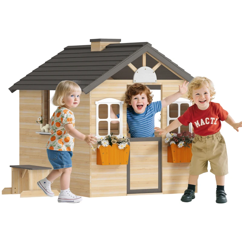 Outsunny Casita Infantil de Juegos Exterior para Niños de 3 -7 Años con Ventanas 2 Jardineras y 1 Banco 113x94x134,5 cm Natural