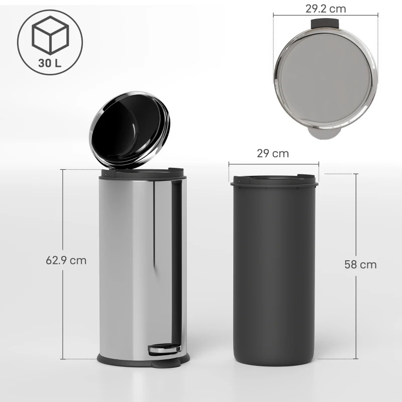 HOMCOM Bidone Pattumiera Pattumiera Cestino Capacità 30L a Pedale con Secchio Rimovibile Bagno Cucina Ф29.2 x 62.9cm Argento