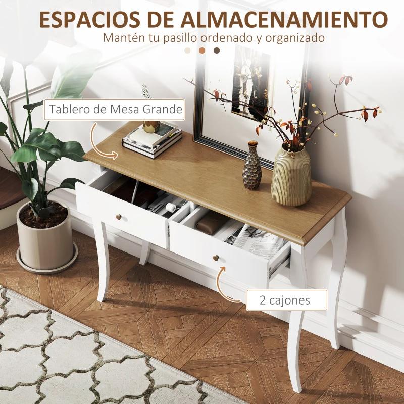 HOMCOM Mesa de Consola con 2 Cajones Estilo Francés para Pasillo Dormitorio Salón 100x35x76,5 cm Blanco y Marrón Oscuro