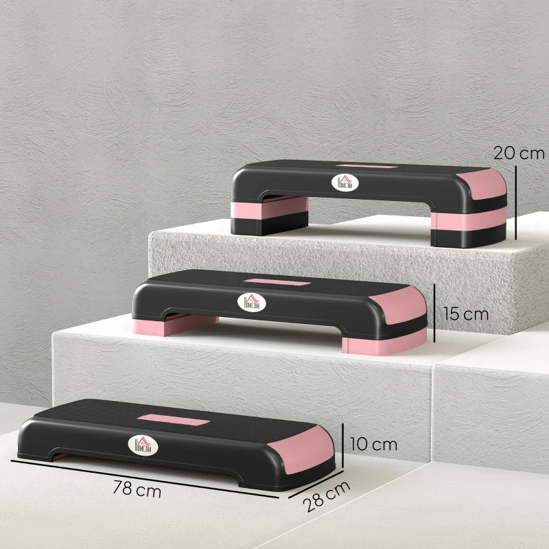 HOMCOM Aerobic Step with 3-Level Adjustable Heights for Home, Office Exercise, Black and Pink