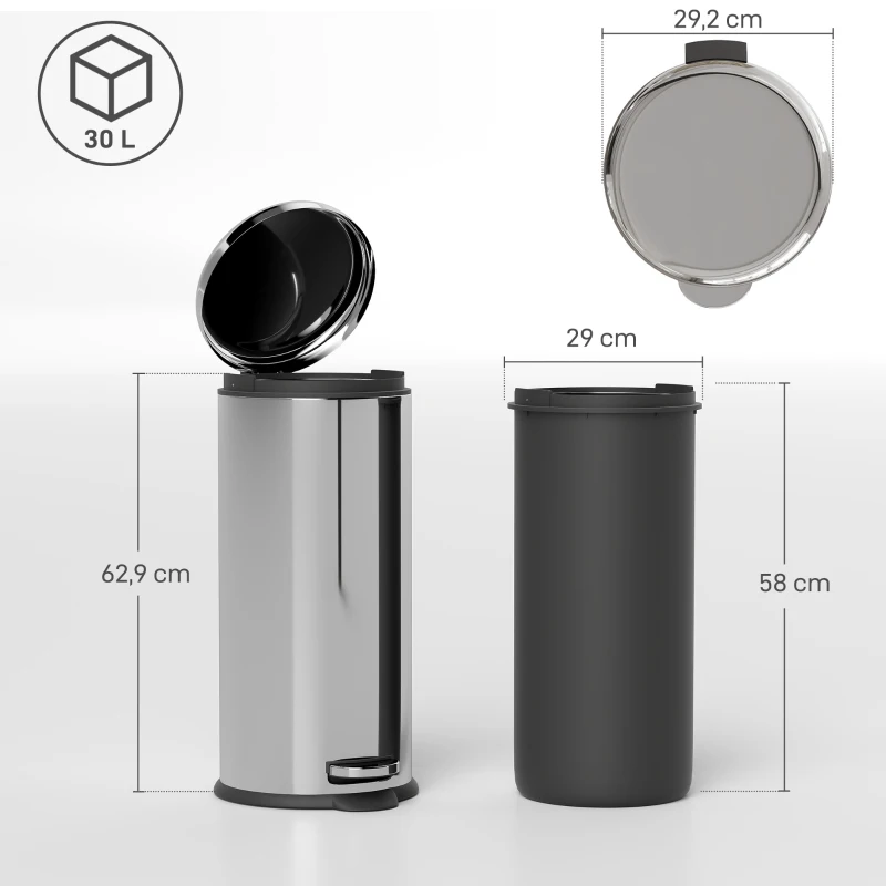 HOMCOM Cubo de Basura con Apertura a Pedal Basurero Automático Cierre Interno Extraíble con Volumen de 30 L Acero Inoxidable Ф29,2x62,9 cm Plateado