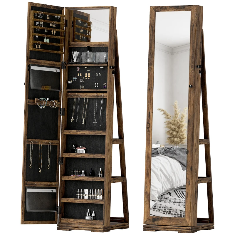 HOMCOM Armoire à Bijoux pivotante verrouillable boîte à bijoux avec Miroir - Armoire Bijoux Multi-Rangement - Brun Rustique
