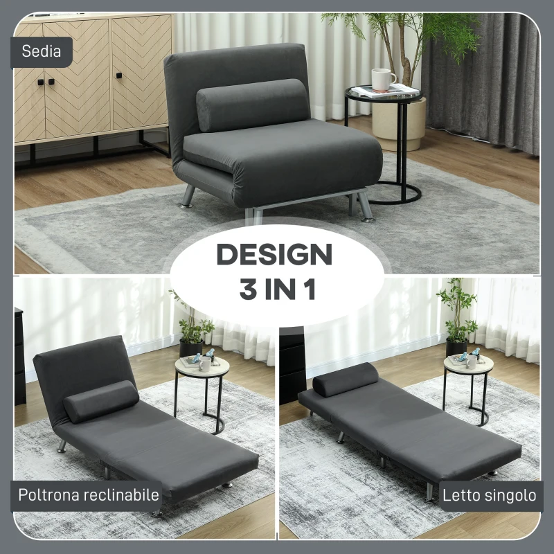 HOMCOM Poltrona Letto 3 in 1 con Schienale Regolabile e Cuscino in Tessuto Effetto Lino, Grigio Scuro