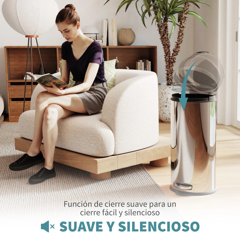 HOMCOM Cubo de Basura con Apertura a Pedal Basurero Automático Cierre Interno Extraíble con Volumen de 30 L Acero Inoxidable Ф29,2x62,9 cm Plateado
