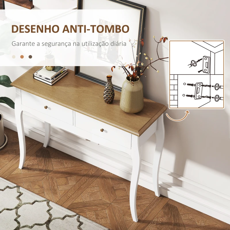 HOMCOM Mesa Consola Consola de Entrada com 2 Gavetas Estilo Francês 100x35x76,5 cm Branco e Marrom Escuro