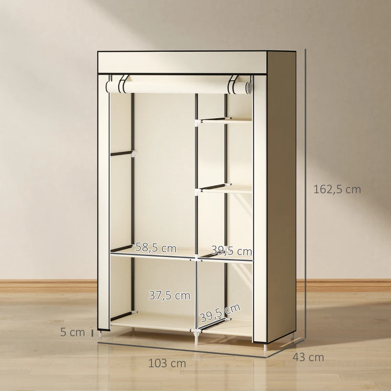 HOMCOM Roupeiro de Tecido Dobrável com 6 Prateleiras e 1 Barra de Pendurar para Dormitório Vestidor 103x43x162,5cm Creme