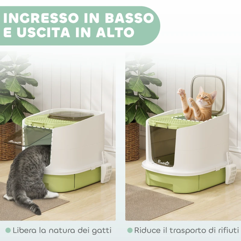 PawHut Lettiera per Gatti Chiusa con 2 Porte, Vassoio Estraibile, Paletta e Deodorante, in PP, 40.5x52.5x42.5 cm, Verde