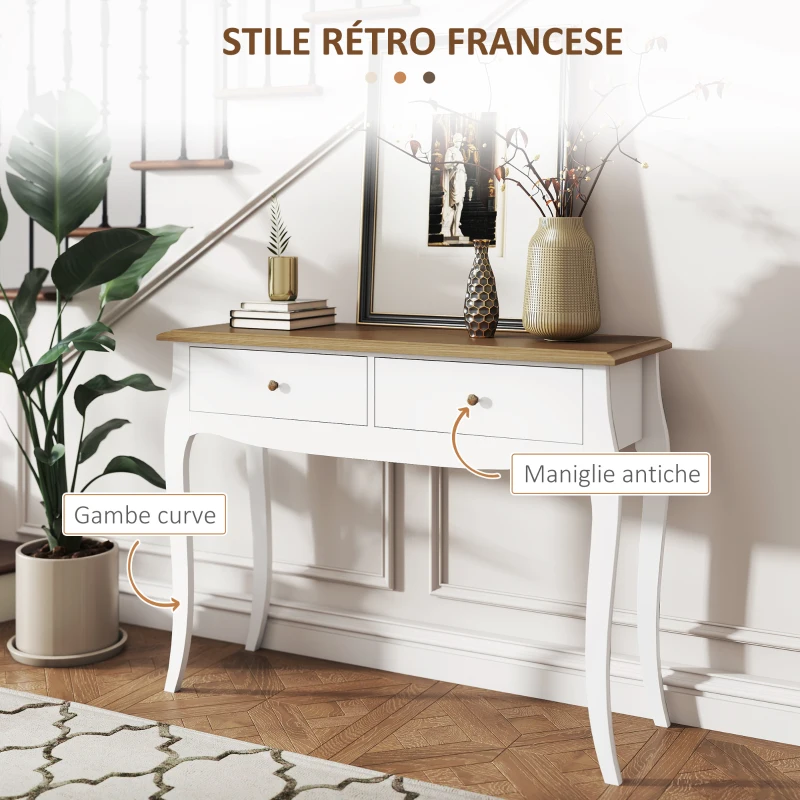 HOMCOM Tavolo Consolle Moderno con 2 Cassetti in Legno, 100x35x76.5 cm, Bianco e Marrone Scuro