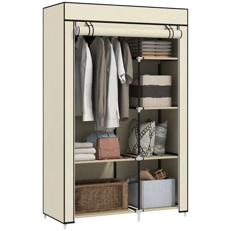 HOMCOM Roupeiro de Tecido Dobrável com 6 Prateleiras e 1 Barra de Pendurar para Dormitório Vestidor 103x43x162,5cm Creme