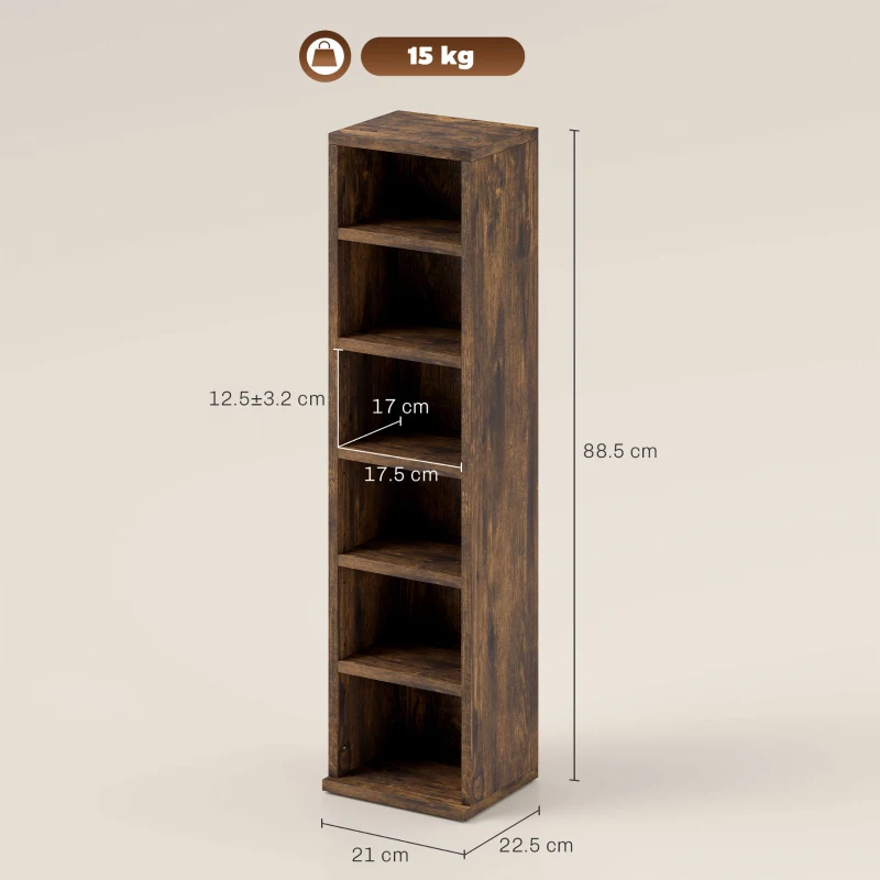 HOMCOM Raft pentru CD-uri, 2 Bucăți cu Câte 6 Rafturi cu Înălțime Reglabilă, 21x22,5x88,5 cm, Maro Rustic(m-3)