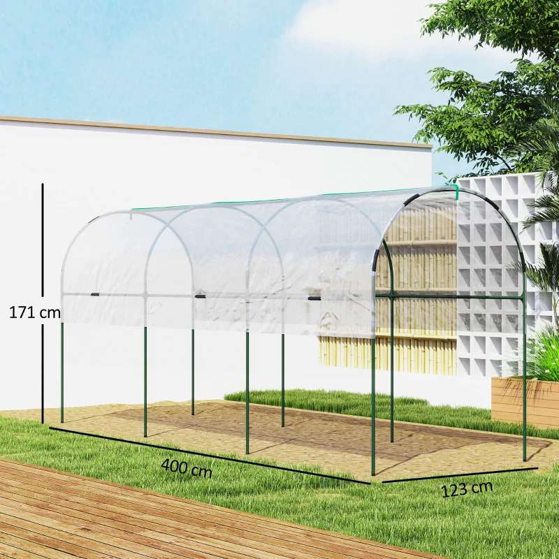 Outsunny Tunnel Tomato Greenhouse with 4 Hoops and Top Tap, Pointed Bottom and Guy Ropes, 400 x 123 x 171 cm, Clear
