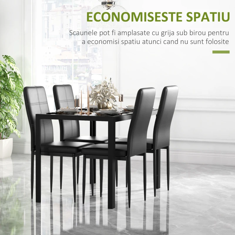 HOMCOM Set de luat masa 4 Scaune tapitate si 1 Masa pentru 4 persoane negru