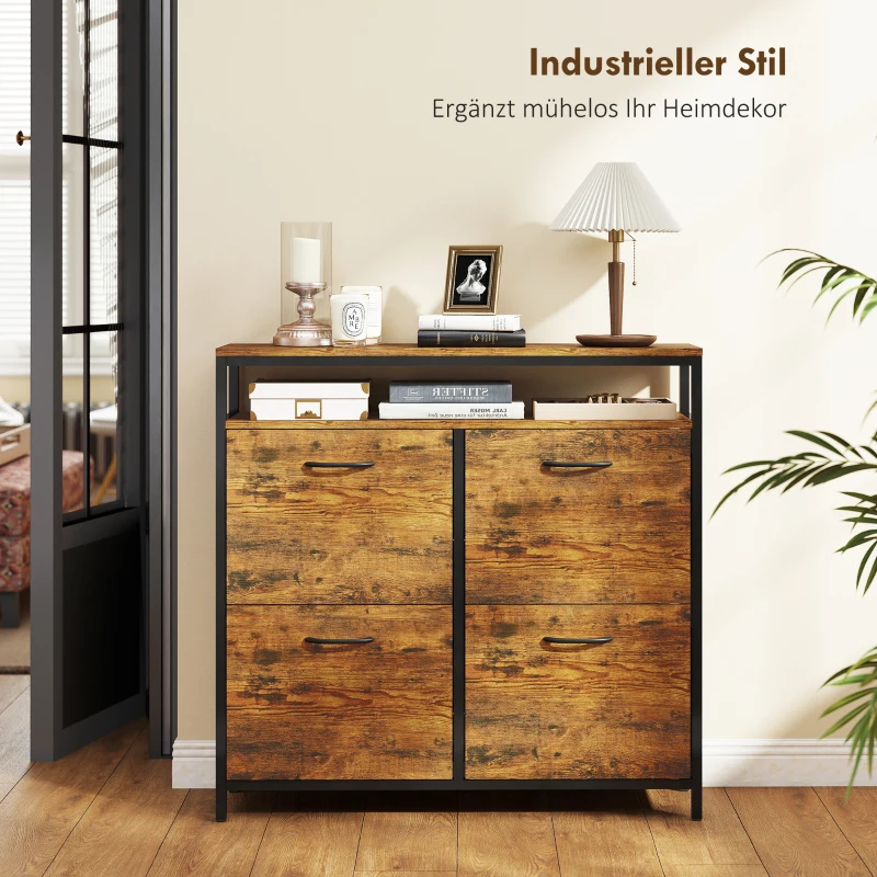HOMCOM Schoenenkast met 4 klapladen, smal ontwerp, open vak, voor 12-20 paar schoenen, staal, bruin(m-7)