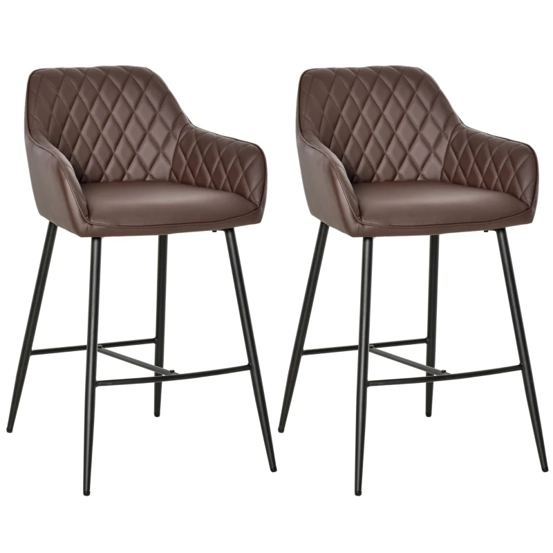 HOMCOM Set of 2 Bar stools Retro PU Leather Bar Chairs w/ Footrest Metal Frame Comfort Support Stylish Dining Seating Home Brown