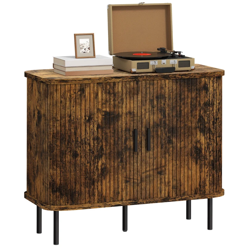 HOMCOM Mid-Century Modern Sideboard Storage Cabinet with Slatted Tambour Sliding Doors, Kitchen Cabinet with Steel Legs, Rustic Brown