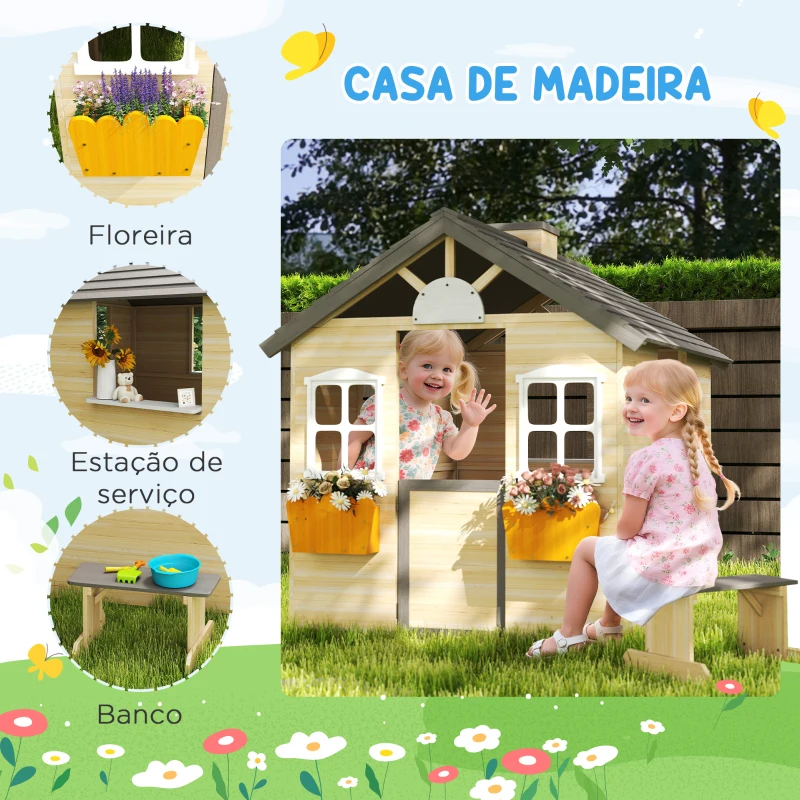 Outsunny Casa de Jardim de Madeira para Crianças de 3-7 Anos com Janelas 2 Floreiras e 1 Banco 113x94x134,5 cm Madeira